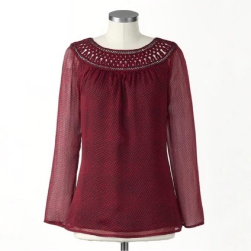 NWT Coldwater Creek Red Printed Sheer Blouse